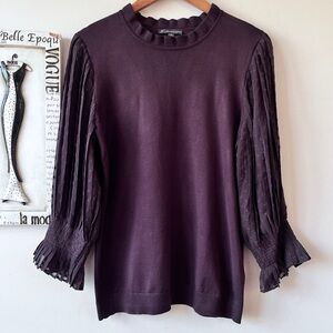 Adrianna Papell Chocolate Brown Sheer Pleated Sleeve Knit Top Size M